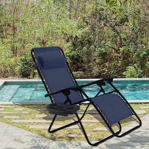 Black Folding Zero Gravity Chairs Metal Outdoor Lounge Chair in Blue Seat with Headrest (2-Pack)