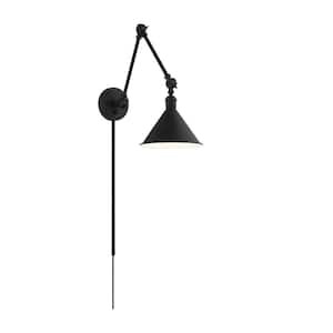 Delancey 1-Light Matte Black Plug-In Swing Arm Wall Lamp with Metal Shade and 72 in. Cord for Bedroom or Living Room