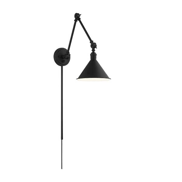 SATCO Delancey 1-Light Matte Black Plug-In Swing Arm Wall Lamp with Metal Shade and 72 in. Cord for Bedroom or Living Room