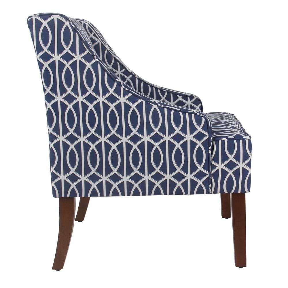 Classic Blue Trellis Swoop Arm Accent Chair with Wood Legs