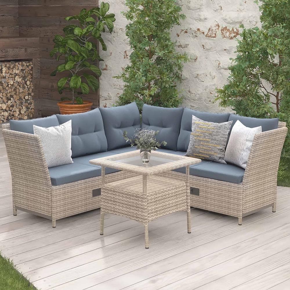 SUNRINX 4-Piece Wicker Outdoor Patio Conversation Set with Gray ...