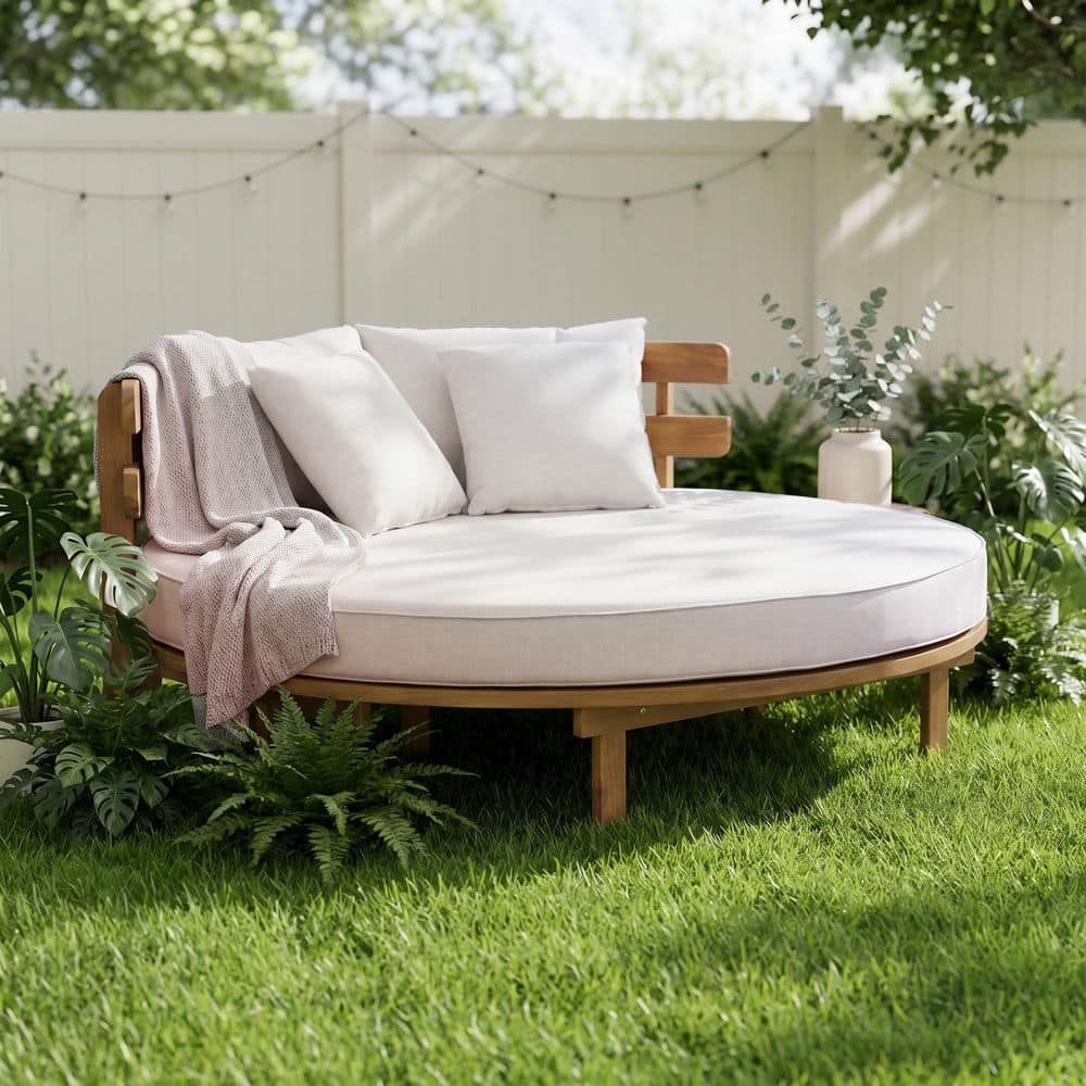 Shecayah Brown Solid Wood Outdoor Day Bed with Beige Cushions and Curved Slatted Backrest