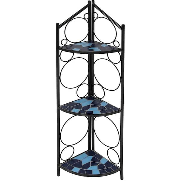 Sunnydaze 44 in. Mosaic Tiled Blue Steel Corner Plant Stand Shelf