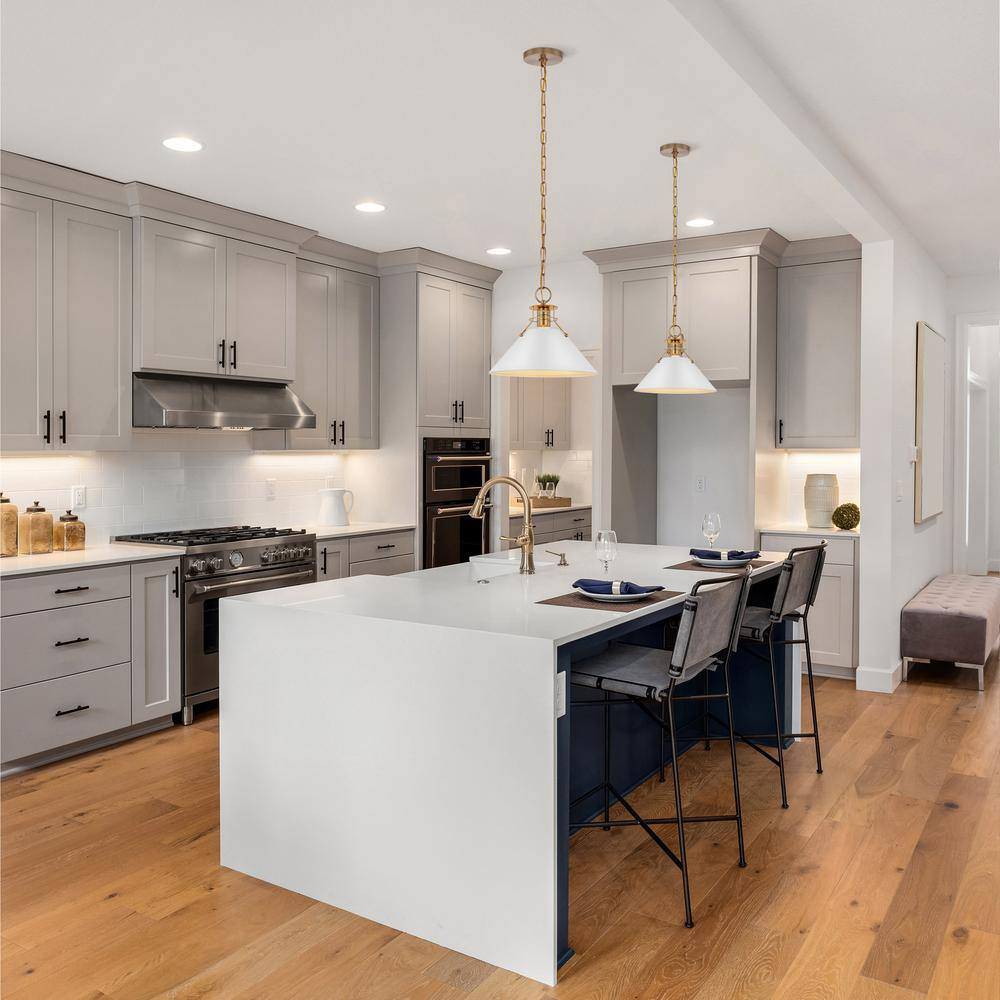 Outpost 13" Matte White and Burnished Brass Cone Pendant Light