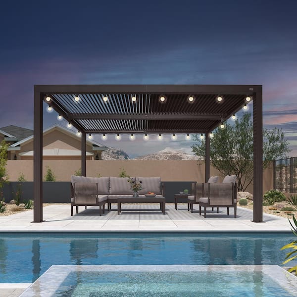 PURPLE LEAF 10 ft. x 13 ft. Bronze Aluminum Frame Outdoor Louvered Pergola with Adjustable Sunshade Roof and Solar String Lights