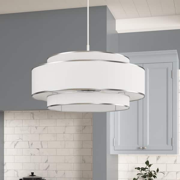 30.71 in. 6-Light Modern White Chandelier Drum Hanging Light Fixture with Dual Layer Fabric Shade