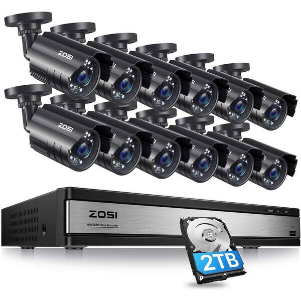 ZOSI 16-Channel 5MP-Lite 2TB DVR Security Camera System with 12 1080P Outdoor Wired Bullet Cameras