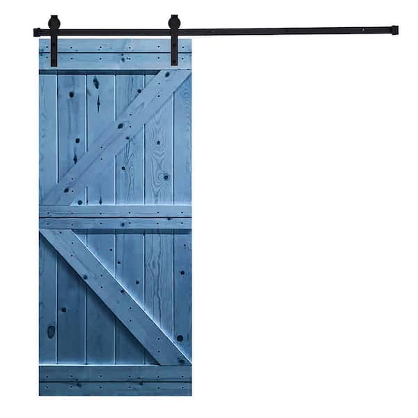 AIOPOP HOME 36 in. x 84 in. K-Bar Series Royal Navy Knotty Pine Wood Diy Sliding Barn Door with Hardware Kit