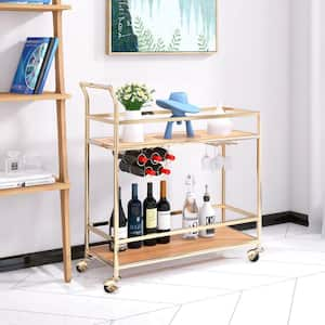 Modern Gold Metal Rolling Bar Cart with Wood Shelves