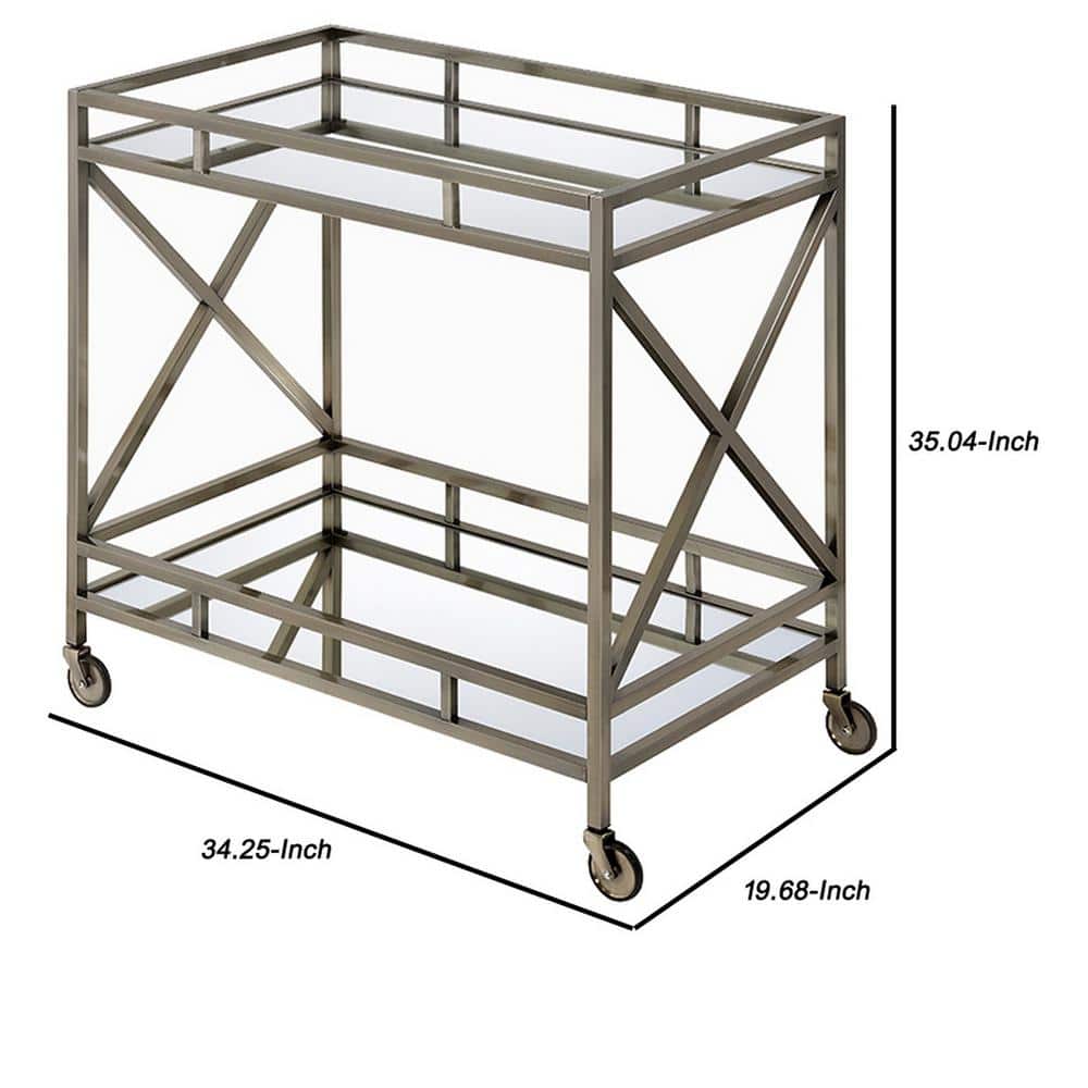 Elegant Silver Metal and Glass Rectangular Serving Cart with Wine Storage