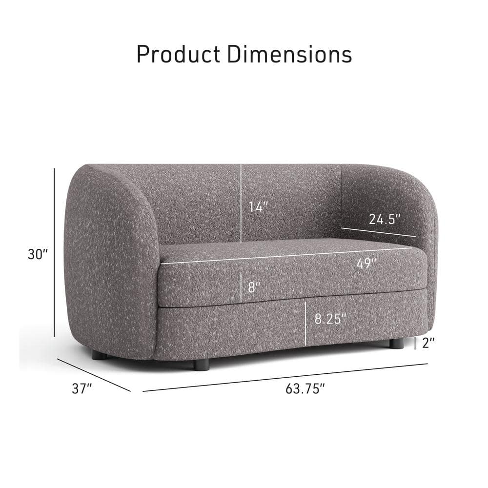 Charcoal Gray Boucle Fabric Curved Loveseat with Wooden Legs