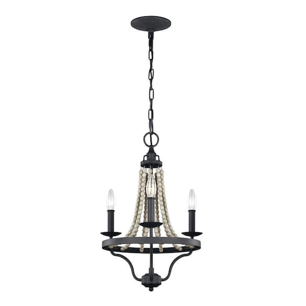 Generation Lighting Nori 3-Light Dark Weathered Zinc and Driftwood Grey Rustic Farmhouse Hanging Beaded Candlestick Chandelier