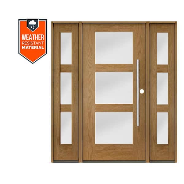 Krosswood Doors Modern Faux Pivot 64 in. x 79 in. 3-Lite Left-Hand/Inswing Satin Glass Bourbon Stain Fiberglass Prehung Front Door w/DSL