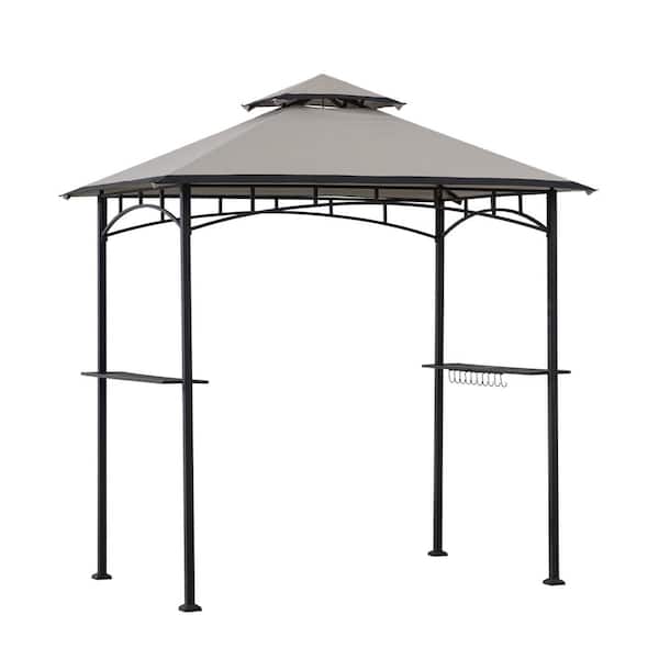 Sunjoy Marion 5 ft. x 8 ft. Black Steel 2-Tier Grill Gazebo with Gray and Black Canopy