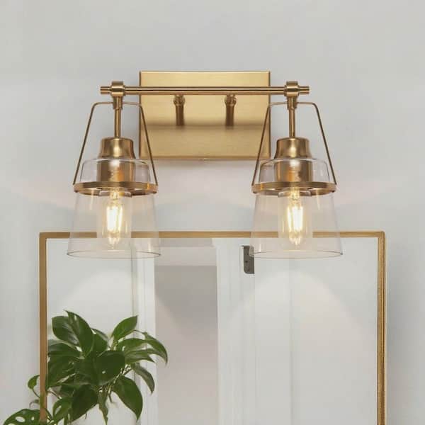 LNC Mid-Century Modern 13.4 in. 2-Light Plated Brass Vanity Light with Bell Clear Glass Shade for Bathroom, Bedroom