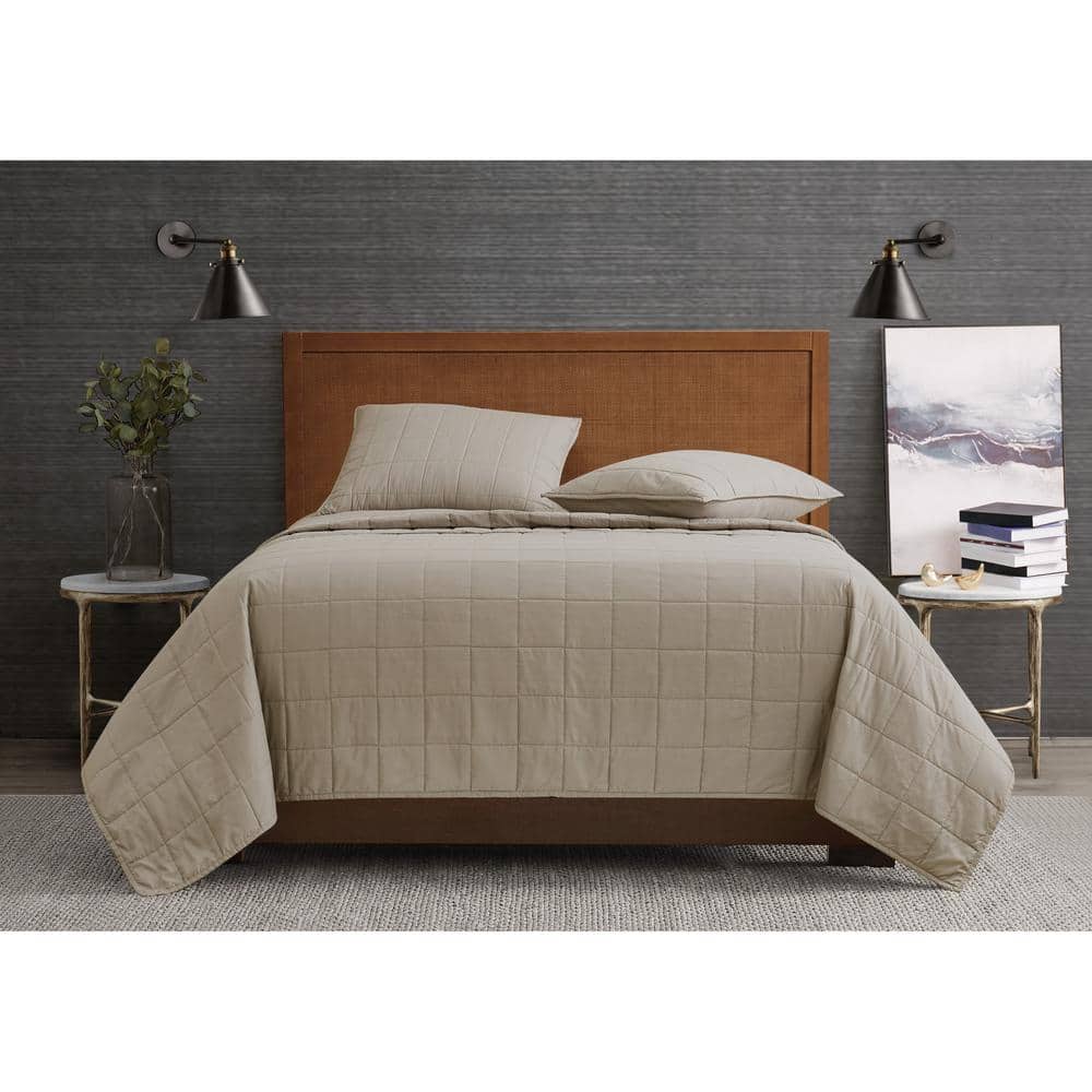 Khaki Microfiber Full Quilt and Sham Set