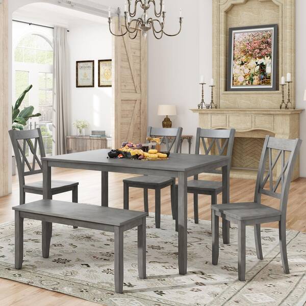 Qualfurn 6 Piece Antique Graywash Wood, Dining Table Set With 4 Chairs And Bench