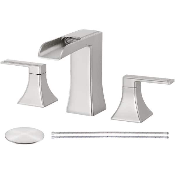 Double Handles 8 in. Widespread Bathroom Faucet 3-Hole Waterfall Sink Faucet with Pop-Up Drain in Brushed Nickel