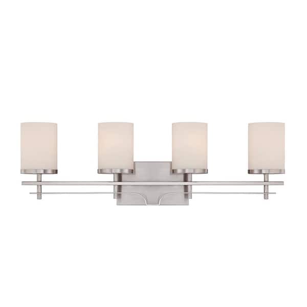 Savoy House Colton 28.75 in. W x 9.12 in. H 4-Light Satin Nickel Bathroom Vanity Light with White Glass Shades