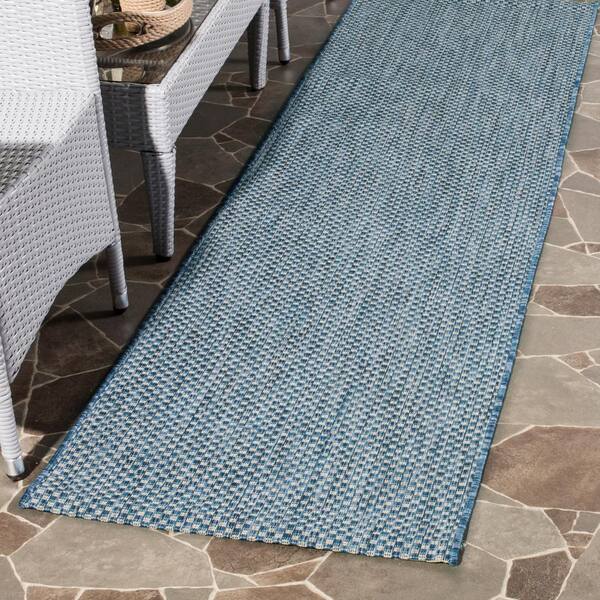 Courtyard Navy/Gray 2 ft. x 12 ft. Solid Indoor/Outdoor Patio  Runner Rug