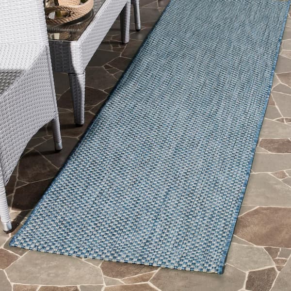 Courtyard Navy/Gray 2 ft. x 14 ft. Solid Indoor/Outdoor Patio  Runner Rug