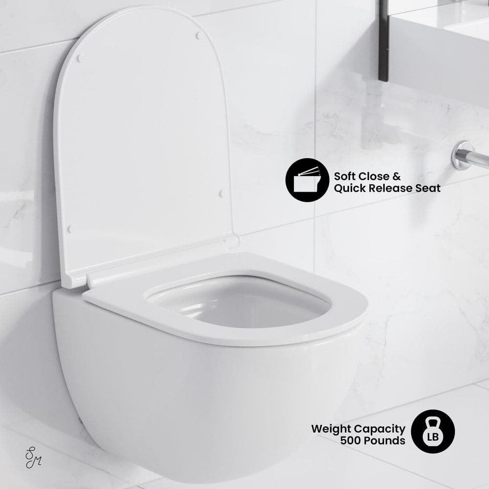 Glossy White Wall Mounted Round Dual Flush Toilet with Black Flush Plate
