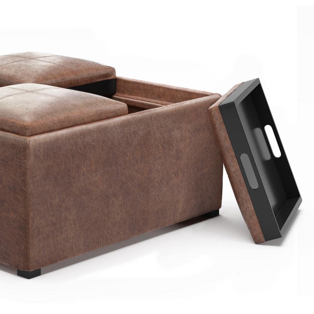 Avalon 35" Distressed Umber Brown Faux Leather Square Storage Ottoman