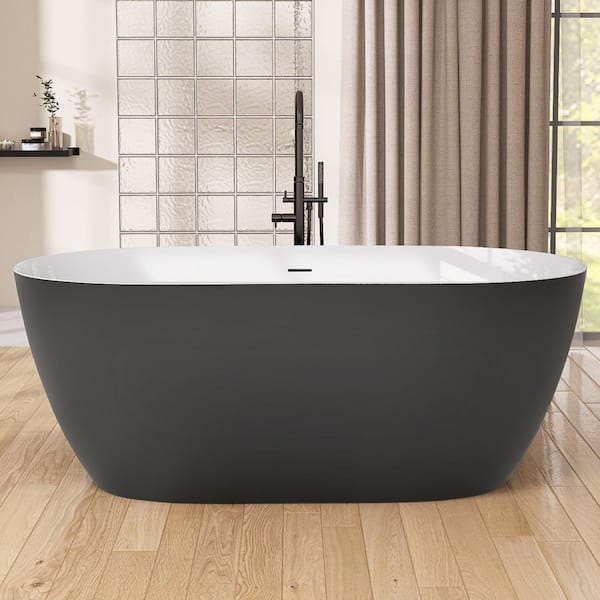 Zeafive Zey 67 in. x 29.5 in. Acrylic Freestanding Soaking Bathtub Flatbottom Stand Alone Tub with Pop-Up Drain in Matte Gray