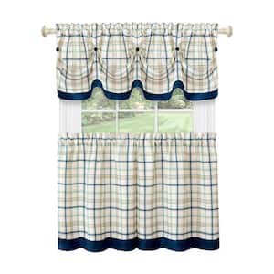 Tattersall Navy Polyester Light Filtering Rod Pocket Tier and Valance Curtain Set 58 in. W x 24 in. L
