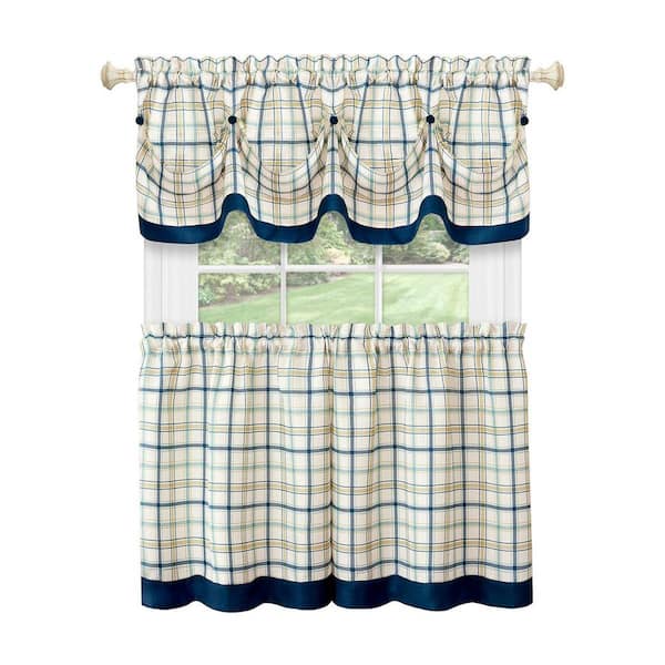 ACHIM Tattersall Navy Polyester Light Filtering Rod Pocket Tier and Valance Curtain Set 58 in. W x 24 in. L
