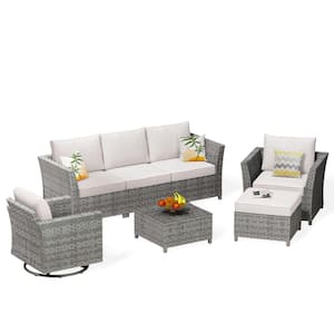 Bexley Gray 7-Piece Wicker Patio Conversation Seating Set with Fine-Stripe Beige Cushions and Swivel Chairs