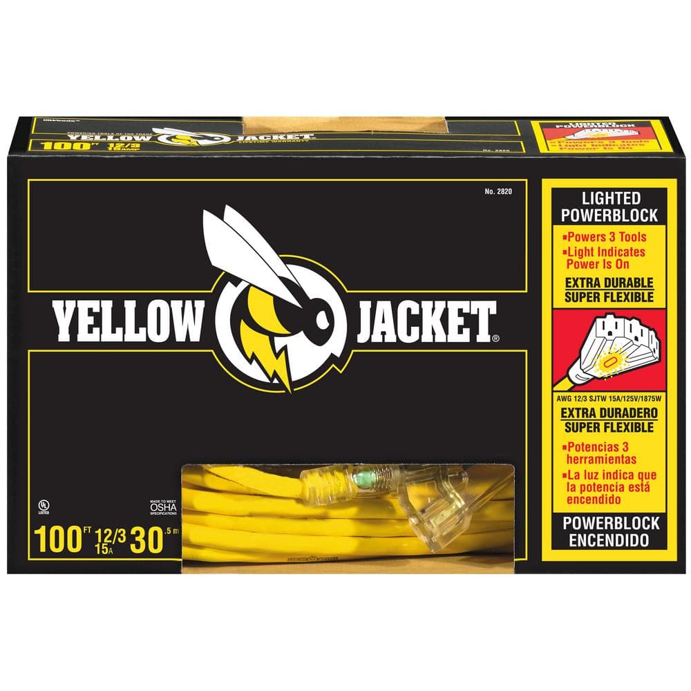Yellow Jacket 100 ft. 12/3 SJTW Multi-Outlet (3) Outdoor Heavy