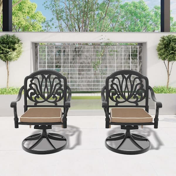 Black Cast Aluminum Patio Swivel Outdoor Dining Chairs, Patio Dining Chairs with Cushions in Random Colors (2-Pack)