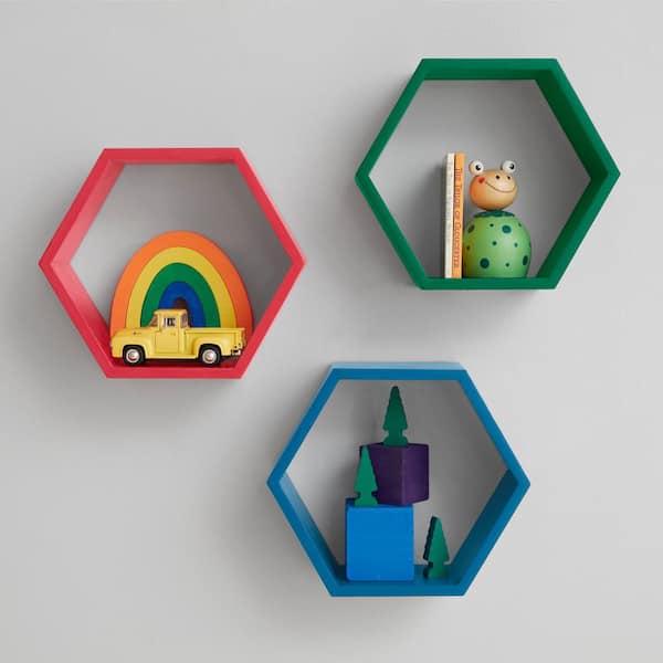 StyleWell Kids Hexagon Primary Colored Floating Wall Shelves (Set of 3)