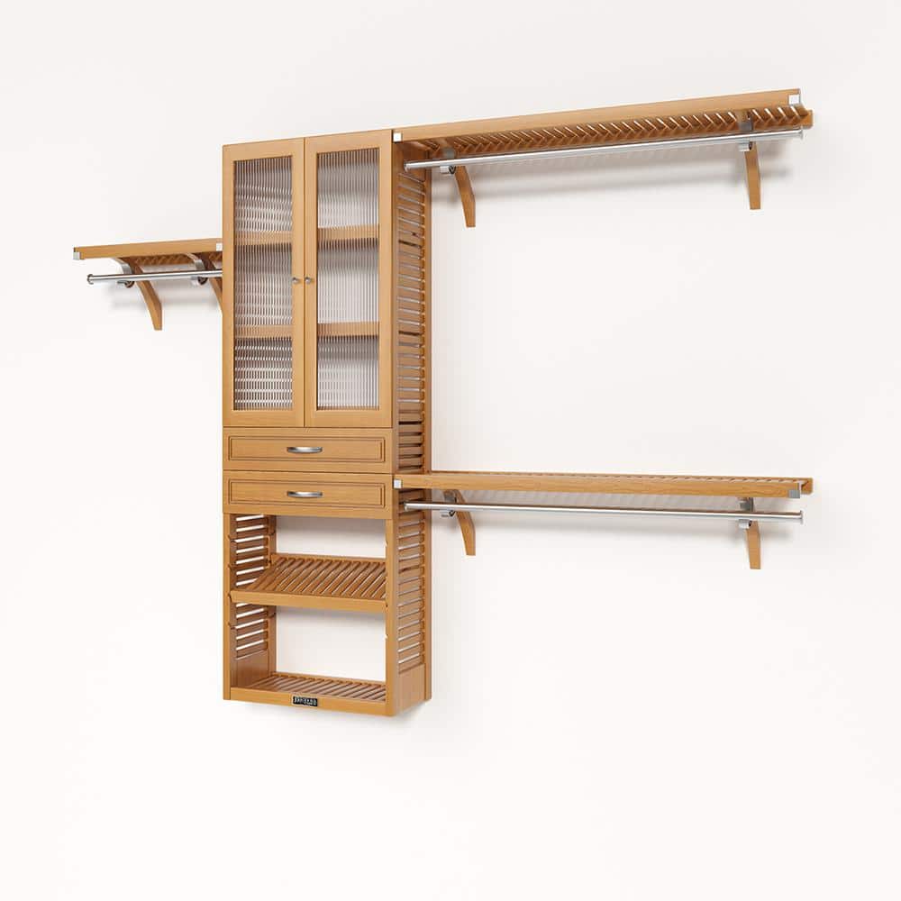 72 in. W - 120 in. W Honey Maple Reach in Closet with 2 Drawers and Glass Door 12 in. Shelf Wood Closet System