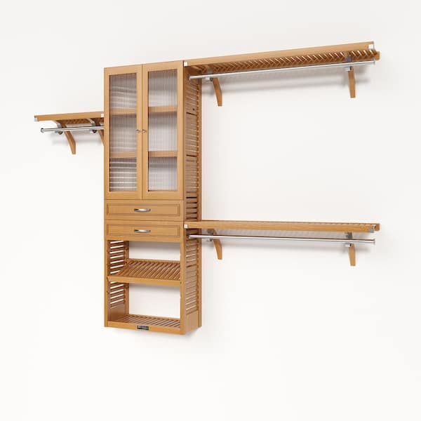 72 in. W - 120 in. W Honey Maple Reach in Closet with 2 Drawers and Glass Door 12 in. Shelf Wood Closet System