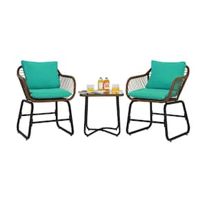 3-Pieces Rattan Patio Bistro Set Cushioned Chair with Glass Table and Turquoise Cushion
