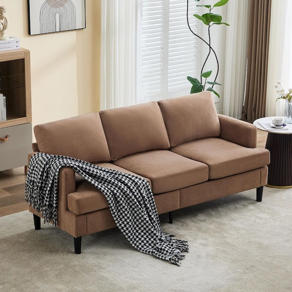 76 in. W Square Arm Fabric Sofa Rectangle 3-Seater Sofa in Brown