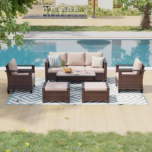 6 Pieces All-Weather PE Brown Wicker Patio Conversation Set with Coffee Table with Sand Cushion
