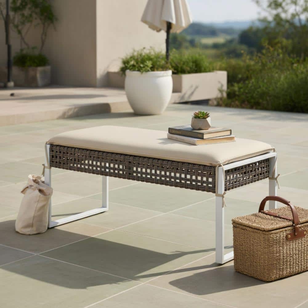 Two Pack Wicker Patio Ottoman With Metal Frame Removable Cushion Heavy Duty Outdoor Footrest