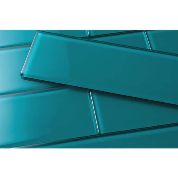 Giorbello (Sample) Dark Teal 3-in x 9-in Glossy Glass Subway Wall Tile