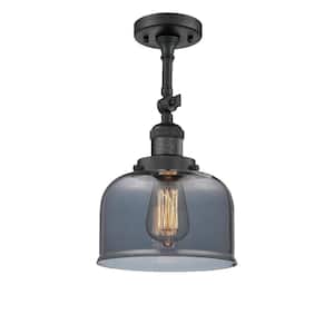 Franklin Restoration Bell 8 in. 1-Light Matte Black Semi-Flush Mount with Plated Smoke Glass Shade