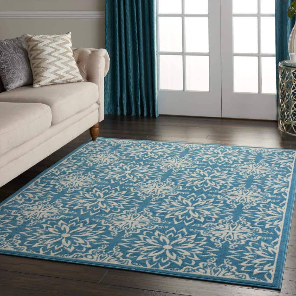 Handmade Floral Ivory & Blue Round Synthetic Area Rug, 5'3" x 7'3"