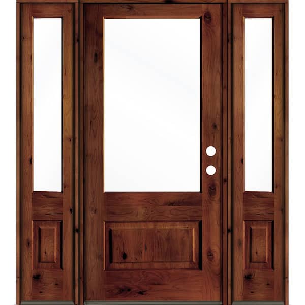 Krosswood Doors 64 in. x 80 in. Knotty Alder Left-Hand/Inswing 3/4 Lite Clear Glass Red Chestnut Stain Wood Prehung Front Door with DSL