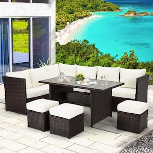 7-Piece Brown Wicker Outdoor Sectional Set with Beige Cushions, Loveseats, Stools and Table for Garden, Patio, Backyard