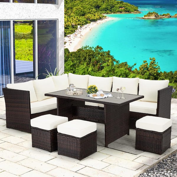 Zeus & Ruta 7-Piece Brown Wicker Outdoor Sectional Set with Beige Cushions, Loveseats, Stools and Table for Garden, Patio, Backyard