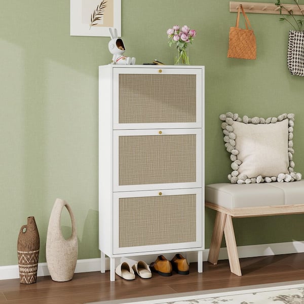 48.98 in. H x 23.62 in. W White Rattan 3-Door Freestanding Shoe Storage Cabinet with Metal Base