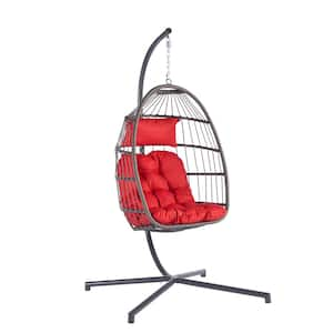 Patio Swing Egg Chair Folding Hanging Chair with Pillow and Stand in Red