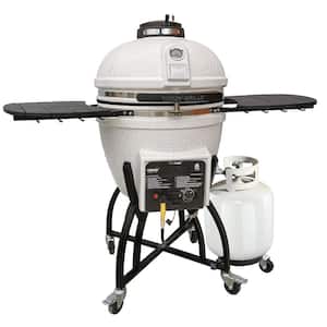 22 in. Kamado Dual Fuel Charcoal/Gas Grill in White with Cover, Gas Burner Kit, Cart, Shelves, Lava Stone, Ash Drawer