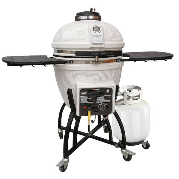 Vision Grills 22 in. Kamado Dual Fuel Charcoal/Gas Grill in White with Cover, Gas Burner Kit, Cart, Shelves, Lava Stone, Ash Drawer